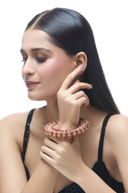 Just Shradhas Red Pearls, Stones Embellished Bangle at Aza Fashions Just Shradhas_Red Pearls, Stones Embellished Bangle _at_Aza_Fashions