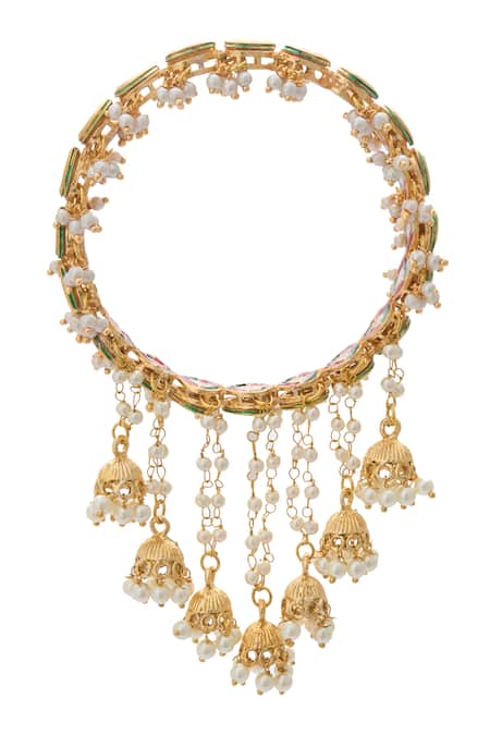 Shop Just Shradhas White Pearls, Stones Natural Embellished Bangle at Aza Fashions Shop_Just Shradhas_White Pearls, Stones Natural Embellished Bangle _at_Aza_Fashions