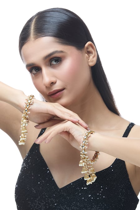 Shop Just Shradhas White Pearls, Stones Natural Embellished Bangle Online at Aza Fashions Shop_Just Shradhas_White Pearls, Stones Natural Embellished Bangle _Online_at_Aza_Fashions