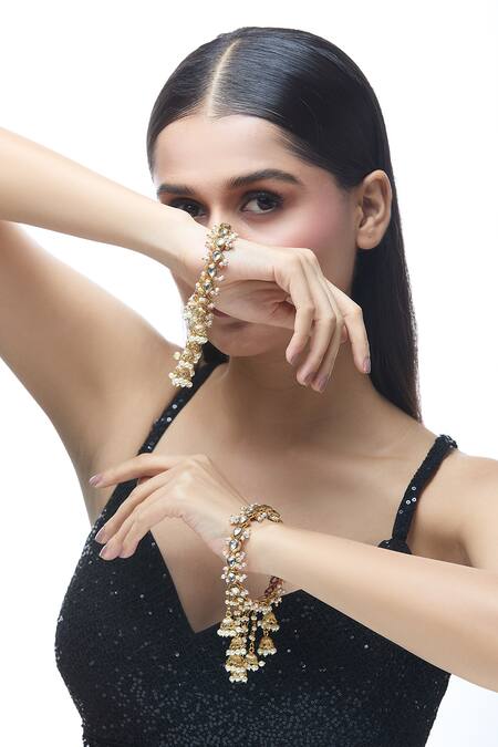 Just Shradhas White Pearls, Stones Natural Embellished Bangle at Aza Fashions Just Shradhas_White Pearls, Stones Natural Embellished Bangle _at_Aza_Fashions