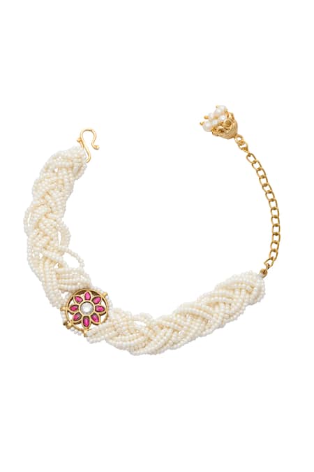 Shop Just Shradhas Red Pearls, Stones Natural Embellished Bracelet at Aza Fashions Shop_Just Shradhas_Red Pearls, Stones Natural Embellished Bracelet _at_Aza_Fashions