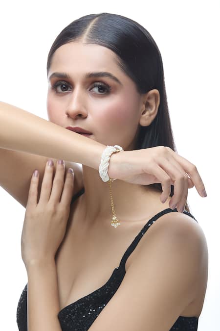 Shop Just Shradhas Red Pearls, Stones Natural Embellished Bracelet Online at Aza Fashions Shop_Just Shradhas_Red Pearls, Stones Natural Embellished Bracelet _Online_at_Aza_Fashions