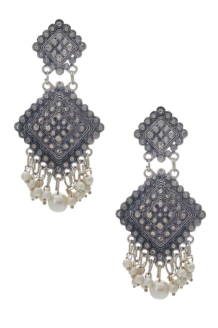 Shop Just Shradhas Silver Plated Pearls Embellished Dangler Earrings at Aza Fashions Shop_Just Shradhas_Silver Plated Pearls Embellished Dangler Earrings _at_Aza_Fashions