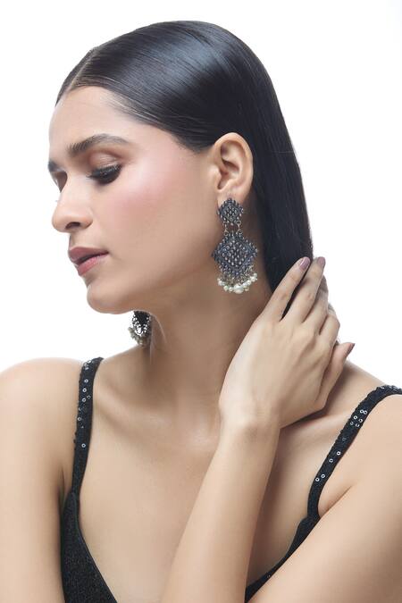 Just Shradhas Silver Plated Pearls Embellished Dangler Earrings Online at Aza Fashions Just Shradhas_Silver Plated Pearls Embellished Dangler Earrings _Online_at_Aza_Fashions