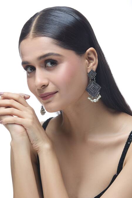 Shop Just Shradhas Silver Plated Pearls Embellished Dangler Earrings Online at Aza Fashions Shop_Just Shradhas_Silver Plated Pearls Embellished Dangler Earrings _Online_at_Aza_Fashions