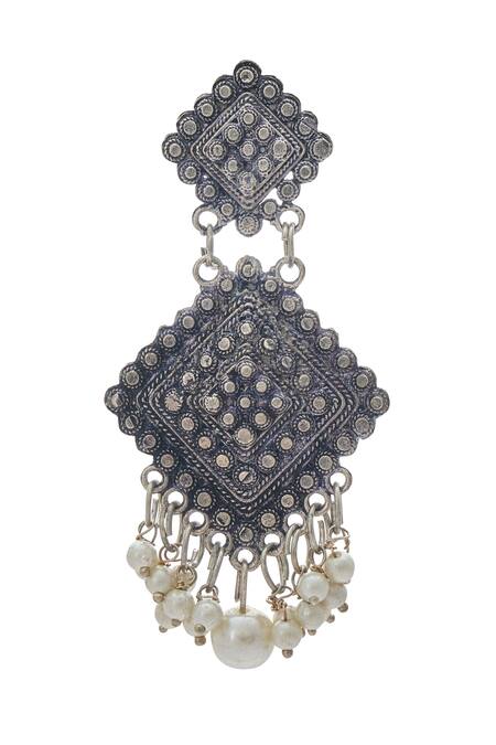 Just Shradhas Silver Plated Pearls Embellished Dangler Earrings at Aza Fashions Just Shradhas_Silver Plated Pearls Embellished Dangler Earrings _at_Aza_Fashions