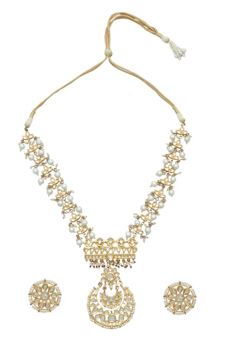 Just Shradhas Crescent Moon Carved Pendant Necklace Set 