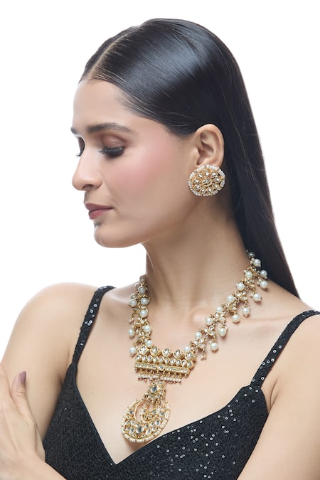 Just Shradhas_Gold Plated Pearls, Stones Crescent Moon Carved Pendant Necklace Set _Online_at_Aza_Fashions