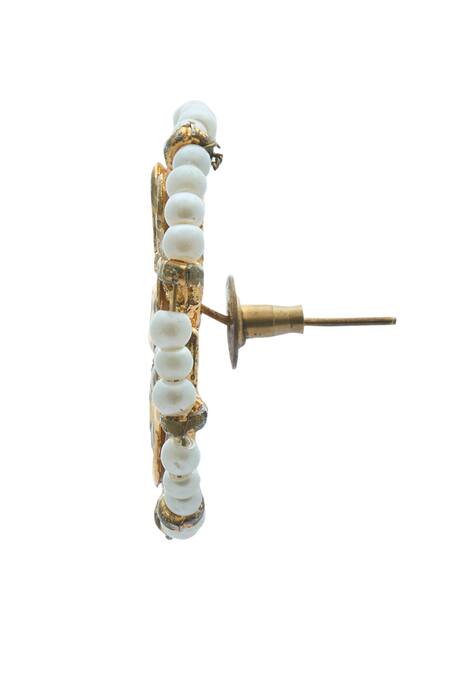 Just Shradhas_Gold Plated Pearls, Stones Crescent Moon Carved Pendant Necklace Set _at_Aza_Fashions