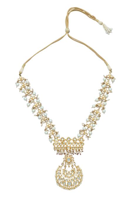 Buy_Just Shradhas_Gold Plated Pearls, Stones Crescent Moon Carved Pendant Necklace Set 