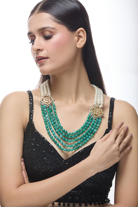 Just Shradha's Green Stone Layered Work Necklace 