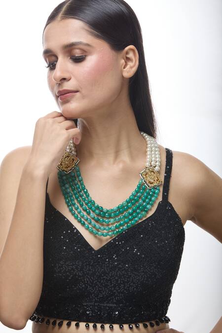 Just Shradhas Green Layered Stone Work Necklace Online at Aza Fashions Just Shradhas_Green Layered Stone Work Necklace _Online_at_Aza_Fashions