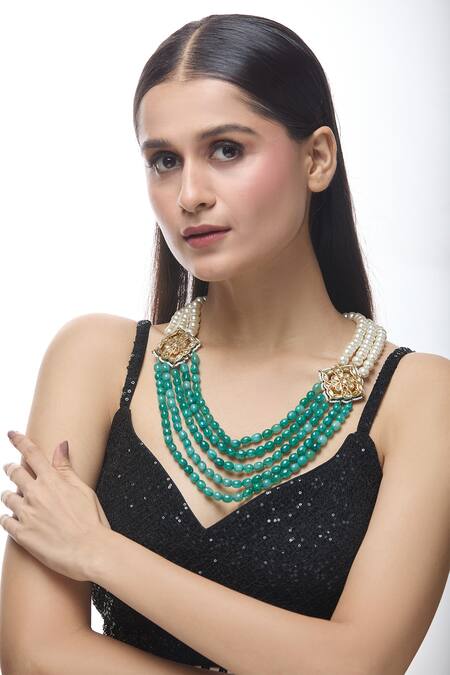 Buy Just Shradhas Green Layered Stone Work Necklace Online at Aza Fashions Buy_Just Shradhas_Green Layered Stone Work Necklace _Online_at_Aza_Fashions