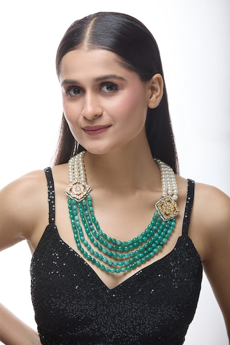 Shop Just Shradhas Green Layered Stone Work Necklace Online at Aza Fashions Shop_Just Shradhas_Green Layered Stone Work Necklace _Online_at_Aza_Fashions