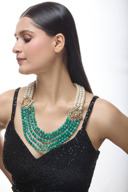 Just Shradhas Green Layered Stone Work Necklace at Aza Fashions Just Shradhas_Green Layered Stone Work Necklace _at_Aza_Fashions