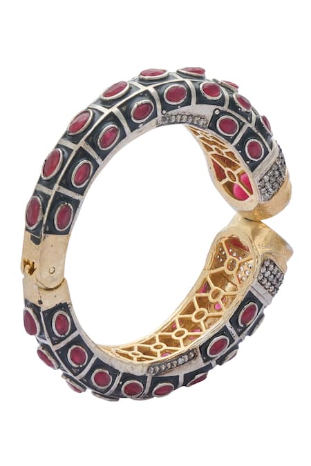 Shop Just Shradhas Multi Color Stones Geometric Carved Kada at Aza Fashions Shop_Just Shradhas_Multi Color Stones Geometric Carved Kada _at_Aza_Fashions