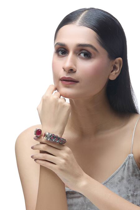 Buy Just Shradhas Multi Color Stones Geometric Carved Kada Online at Aza Fashions Buy_Just Shradhas_Multi Color Stones Geometric Carved Kada _Online_at_Aza_Fashions