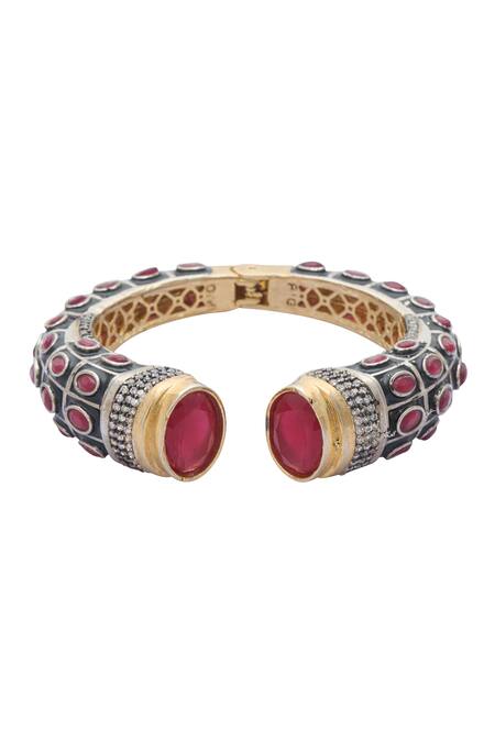 Just Shradhas Multi Color Stones Geometric Carved Kada at Aza Fashions Just Shradhas_Multi Color Stones Geometric Carved Kada _at_Aza_Fashions