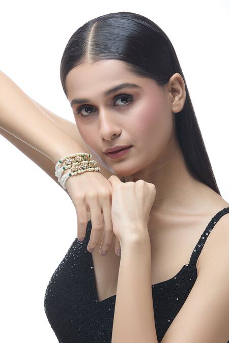 Shop Just Shradhas Gold Plated Stones, Beads Floret Carved Bracelet Online at Aza Fashions Shop_Just Shradhas_Gold Plated Stones, Beads Floret Carved Bracelet _Online_at_Aza_Fashions