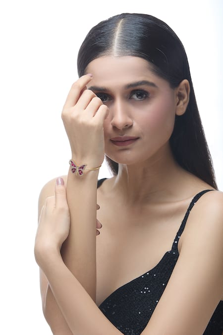Just Shradhas Magenta Stones Butterfly Carved Bracelet at Aza Fashions Just Shradhas_Magenta Stones Butterfly Carved Bracelet _at_Aza_Fashions