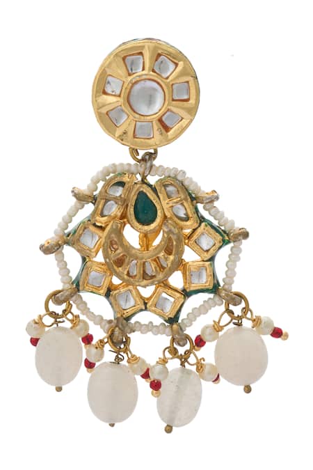 Shop Just Shradhas Gold Plated Stones Mandala Carved Earrings at Aza Fashions Shop_Just Shradhas_Gold Plated Stones Mandala Carved Earrings _at_Aza_Fashions