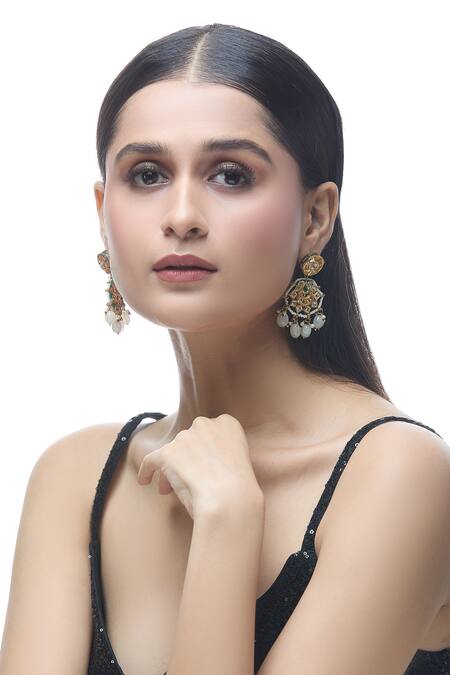 Shop Just Shradhas Gold Plated Stones Mandala Carved Earrings Online at Aza Fashions Shop_Just Shradhas_Gold Plated Stones Mandala Carved Earrings _Online_at_Aza_Fashions