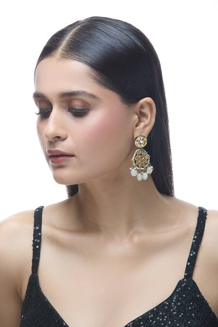 Just Shradhas Gold Plated Stones Mandala Carved Earrings at Aza Fashions Just Shradhas_Gold Plated Stones Mandala Carved Earrings _at_Aza_Fashions