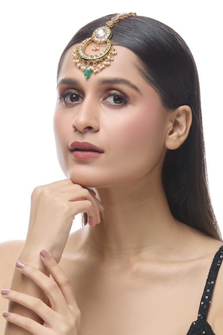 Just Shradhas Gold Plated Crescent Moon Carved Maangtikka Online at Aza Fashions Just Shradhas_Gold Plated Crescent Moon Carved Maangtikka _Online_at_Aza_Fashions