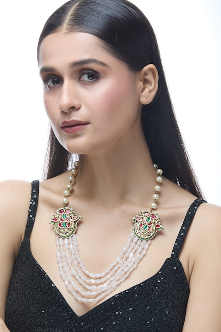 Just Shradhas Multi Color Gold Toned Layered Necklace With Pearl And Online at Aza Fashions Just Shradhas_Multi Color Gold Toned Layered Necklace With Pearl And _Online_at_Aza_Fashions