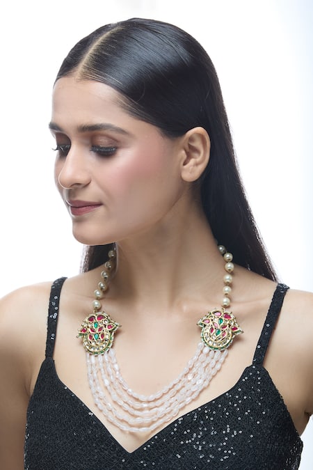 Shop Just Shradhas Multi Color Gold Toned Layered Necklace With Pearl And Online at Aza Fashions Shop_Just Shradhas_Multi Color Gold Toned Layered Necklace With Pearl And _Online_at_Aza_Fashions