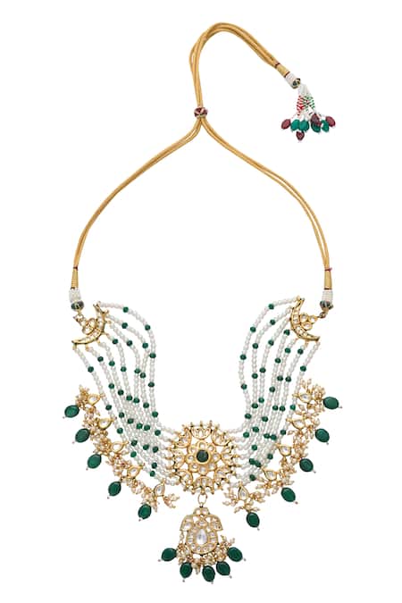 Just Shradhas_Multi Color Pearls, Stones Embellished Layered Pendant Necklace Set _at_Aza_Fashions