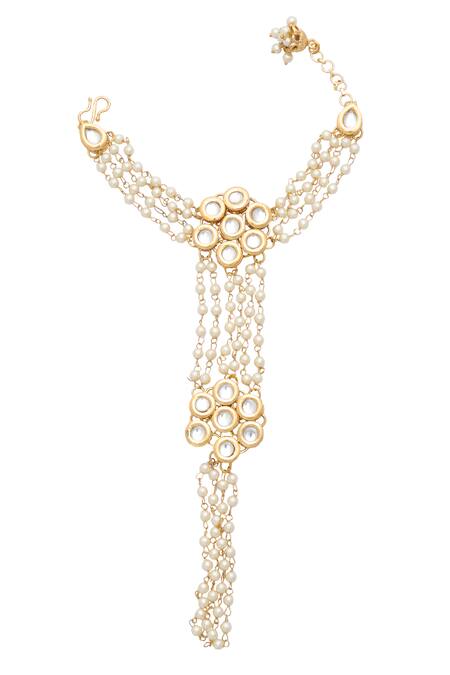 Just Shradhas_Gold Plated Pearls, Stones Layered Embellished Haathphool _Online_at_Aza_Fashions