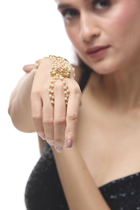 Buy_Just Shradhas_Gold Plated Pearls, Stones Layered Embellished Haathphool _Online_at_Aza_Fashions
