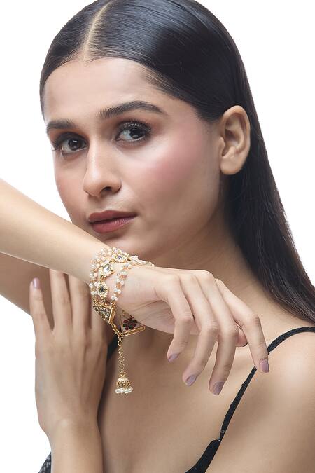 Shop_Just Shradhas_Gold Plated Pearls, Stones Studded Bracelet _Online_at_Aza_Fashions