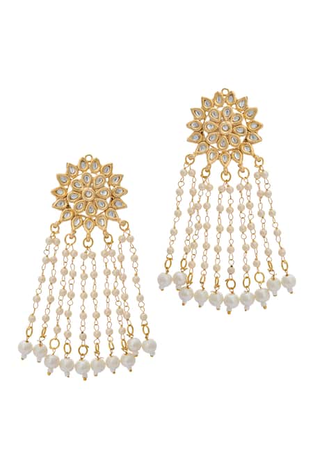 Shop_Just Shradhas_Gold Plated Pearls, Stones Floral Carved Earrings _at_Aza_Fashions