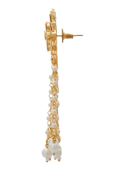 Just Shradhas_Gold Plated Pearls, Stones Floral Carved Earrings _Online_at_Aza_Fashions
