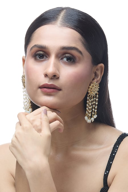 Shop_Just Shradhas_Gold Plated Pearls, Stones Floral Carved Earrings _Online_at_Aza_Fashions