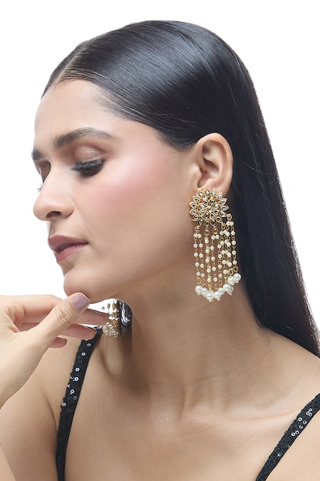 Just Shradhas_Gold Plated Pearls, Stones Floral Carved Earrings _at_Aza_Fashions