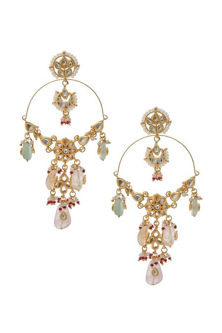 Shop_Just Shradhas_Multi Color Pearls, Stones Floral Carved Cutwork Earrings _at_Aza_Fashions
