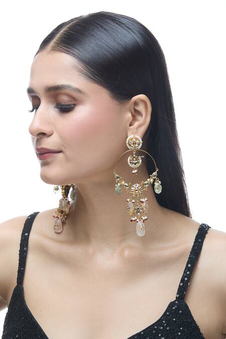 Shop_Just Shradhas_Multi Color Pearls, Stones Floral Carved Cutwork Earrings _Online_at_Aza_Fashions