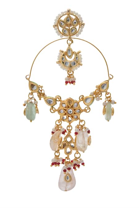 Just Shradhas_Multi Color Pearls, Stones Floral Carved Cutwork Earrings _at_Aza_Fashions
