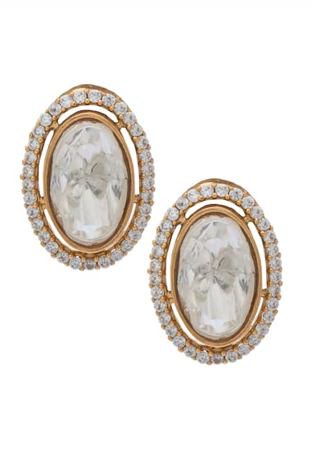 Shop_Just Shradhas_Gold Plated Crystals, Stones Oval Shaped Stud Earrings _at_Aza_Fashions