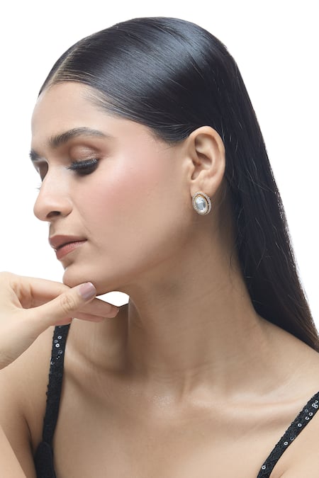 Shop_Just Shradhas_Gold Plated Crystals, Stones Oval Shaped Stud Earrings _Online_at_Aza_Fashions