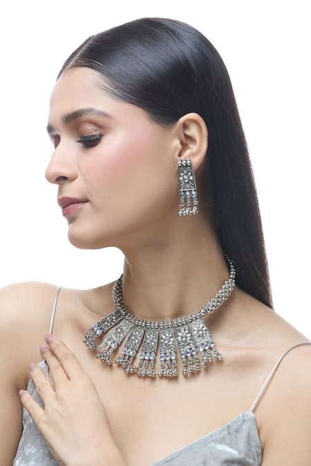 Just Shradha's Floral Carved Oxidised Necklace Set 