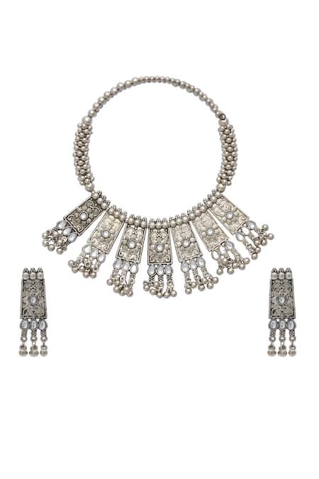 Shop Just Shradhas Silver Plated Gota Patti, Stones Floral Carved Oxidised Necklace Set at Aza Fashions Shop_Just Shradhas_Silver Plated Gota Patti, Stones Floral Carved Oxidised Necklace Set _at_Aza_Fashions