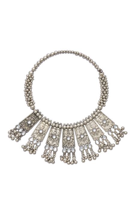 Buy Just Shradhas Silver Plated Gota Patti, Stones Floral Carved Oxidised Necklace Set Online at Aza Fashions Buy_Just Shradhas_Silver Plated Gota Patti, Stones Floral Carved Oxidised Necklace Set _Online_at_Aza_Fashions
