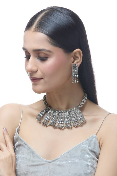 Shop Just Shradhas Silver Plated Gota Patti, Stones Floral Carved Oxidised Necklace Set Online at Aza Fashions Shop_Just Shradhas_Silver Plated Gota Patti, Stones Floral Carved Oxidised Necklace Set _Online_at_Aza_Fashions