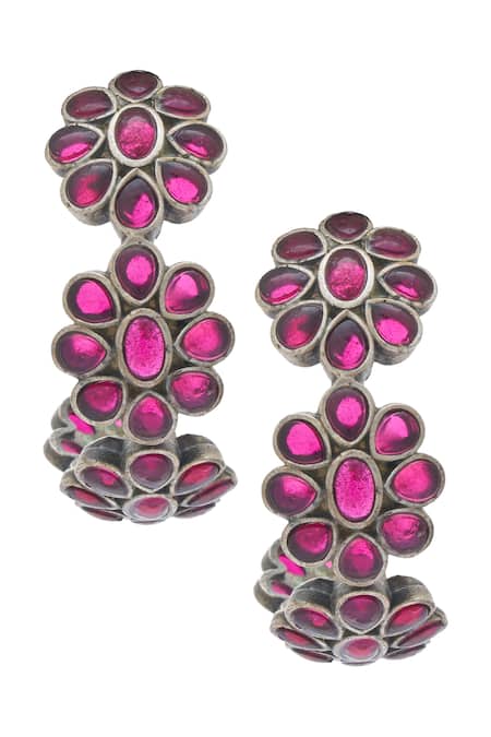Shop_Just Shradhas_Gold Plated Stones Floral Carved Hoops _at_Aza_Fashions