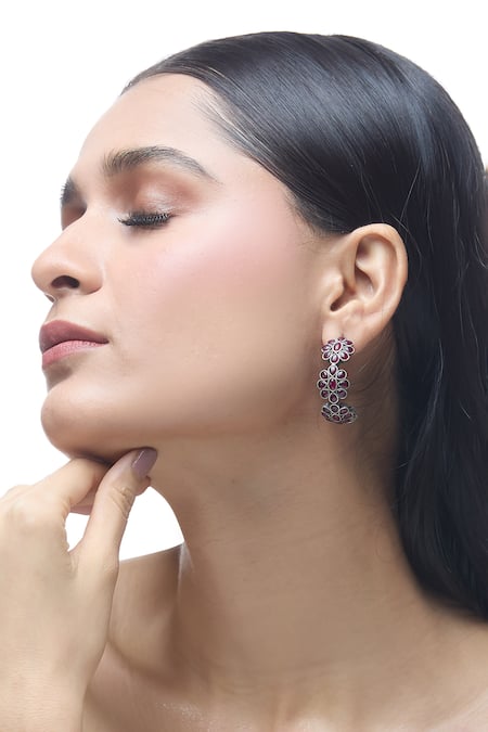 Just Shradhas_Gold Plated Stones Floral Carved Hoops _Online_at_Aza_Fashions