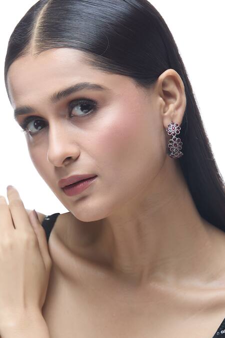Shop_Just Shradhas_Gold Plated Stones Floral Carved Hoops _Online_at_Aza_Fashions